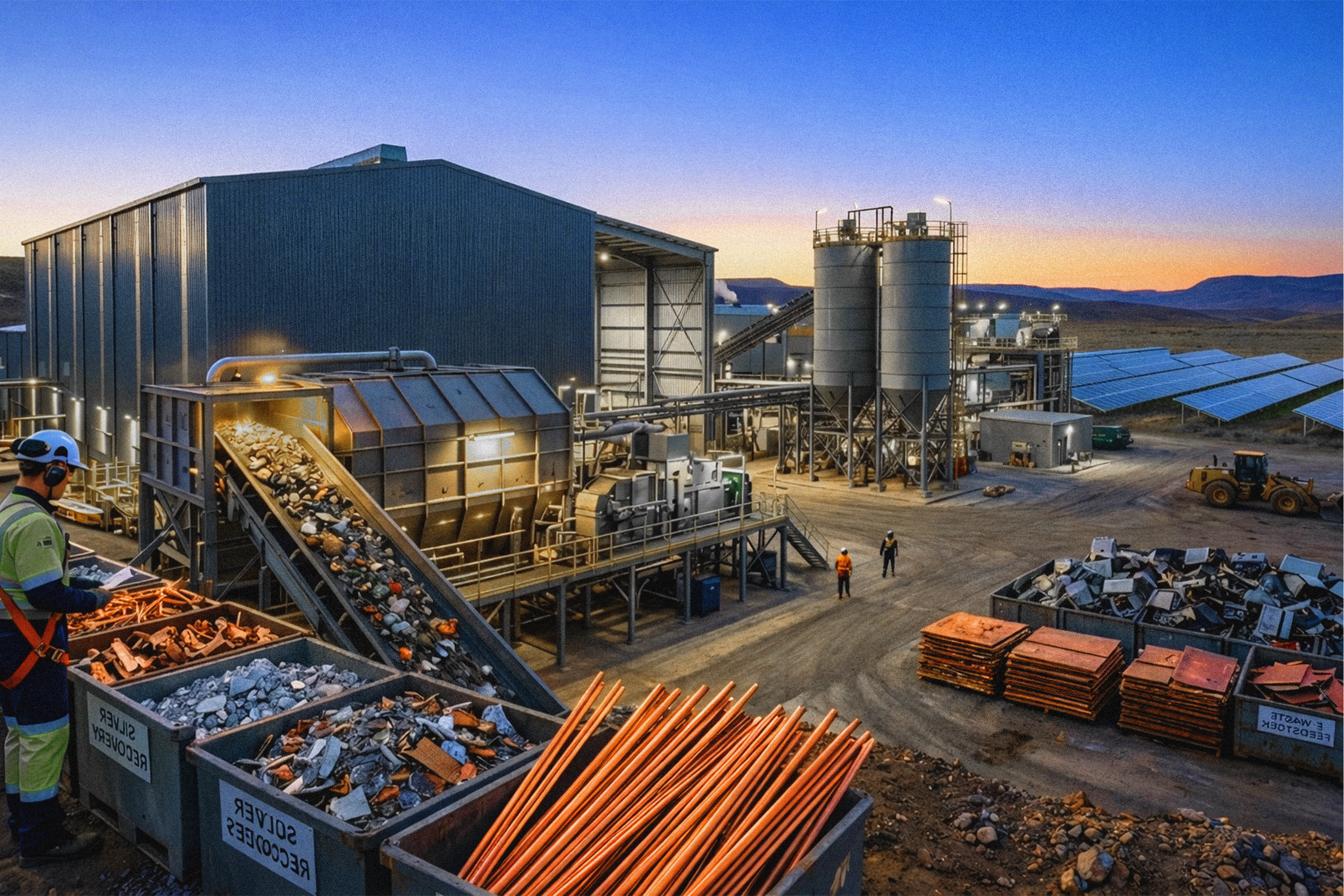 Industrial copper and metal processing facility — workers handling recovered copper pipes and materials